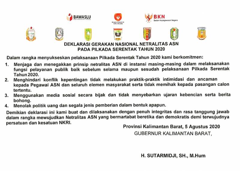 Gubernur Kalimantan Barat menyerukan agar ASN bersikap netral dalam Pilkada Serentak Tahun 2020