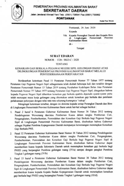 Surat Edaran Kenaikan Gaji Berkala Pegawai Negeri Sipil Golongan lll/d Keatas Di Lingkungan Pemerintah Provinsi Kalimantan Barat Melalui Penyederhanaan Persyaratan